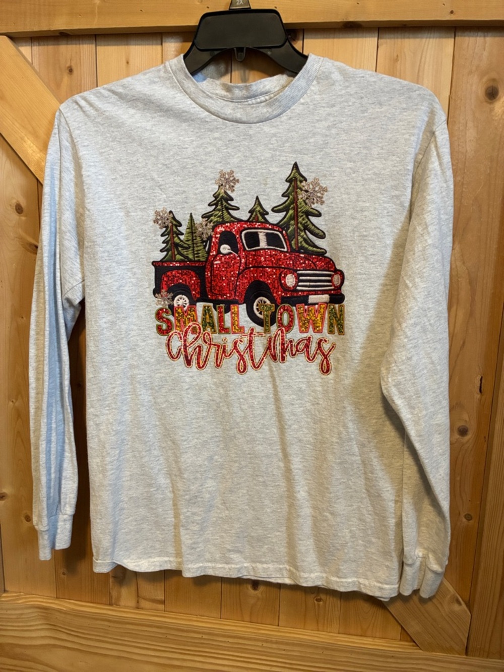 Small Town Christmas Long-Sleeve Shirt - Light Gray with Red Truck
